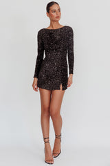 Demure Long Sleeve Open Back Dress Sequin Black