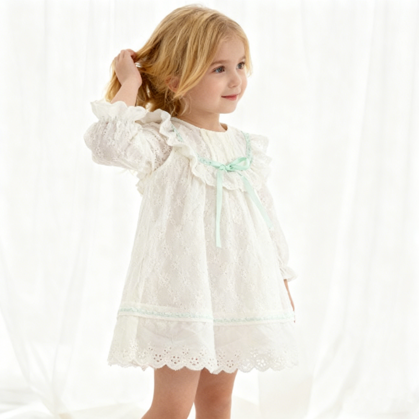 Plain White Dress with Ribbon Details (Size 110&120)