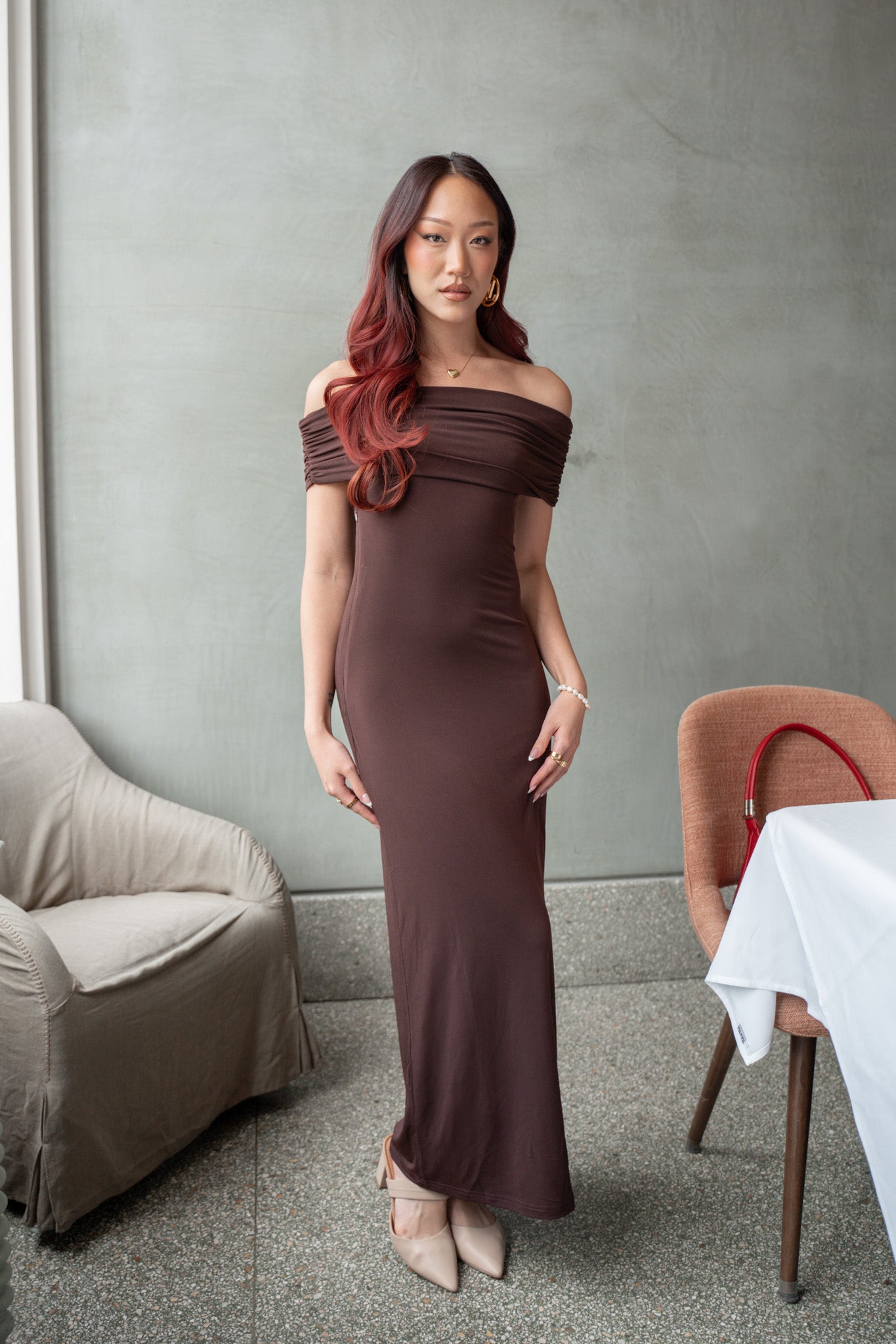 Cruising Sunset Off Shoulder Dress Chocolate