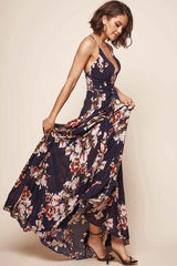 Calabasas Floral Waist Tie Maxi Dress Navy