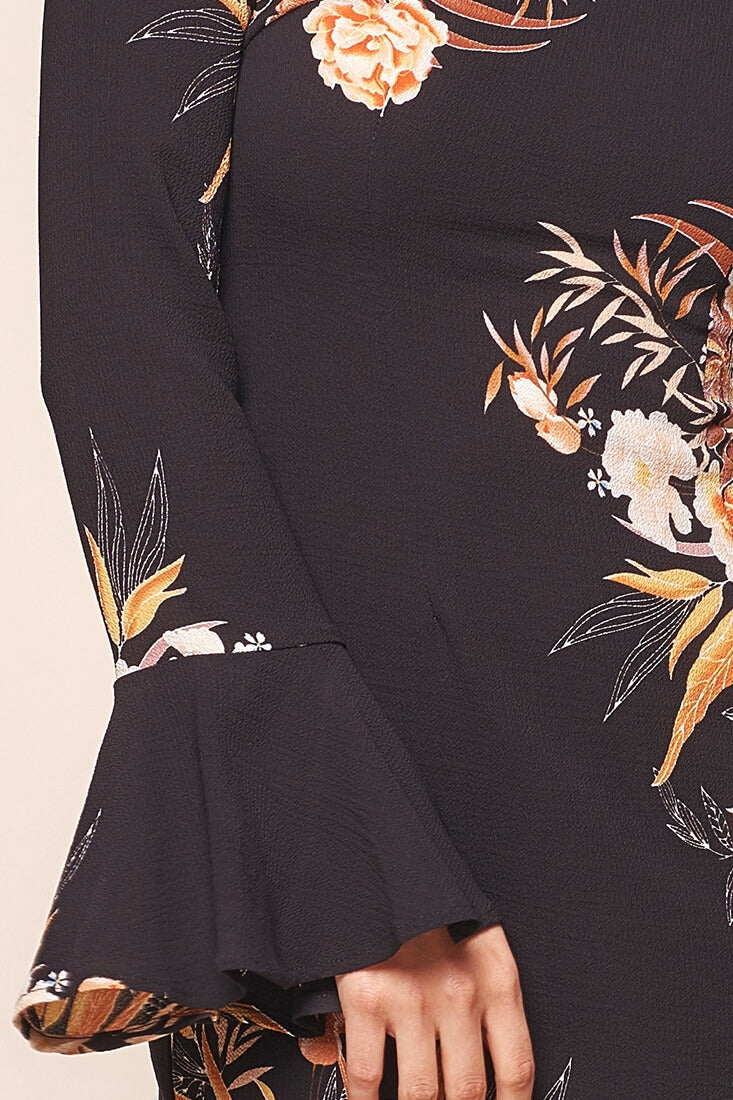 Fernanda Long Sleeved Floral Print Dress Black