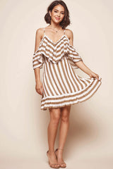 Fawn Cold Shoulder Striped Dress Beige