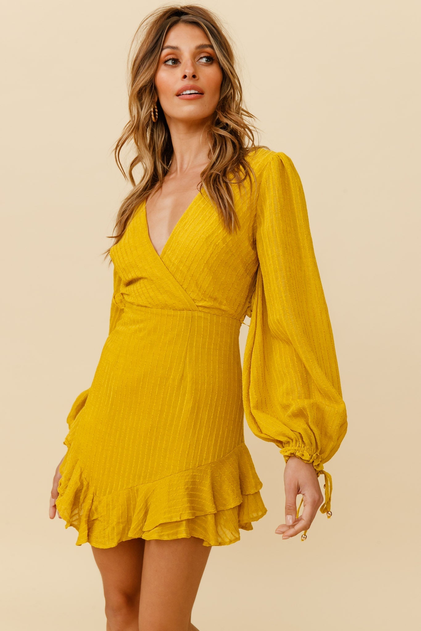 Lilo Surplice Neckline Cut-Out Back Dress Thin Stripe Mustard