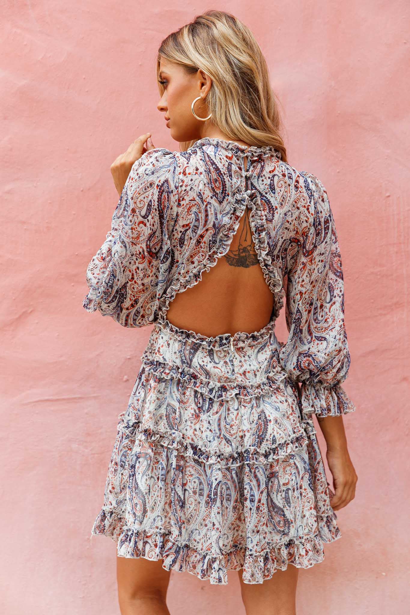 Laney Cutout Back Ruffle Trim Dress Paisley Print Navy