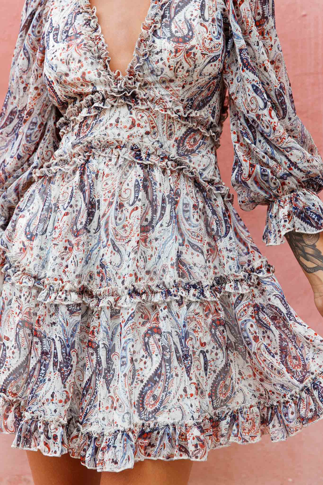 Laney Cutout Back Ruffle Trim Dress Paisley Print Navy