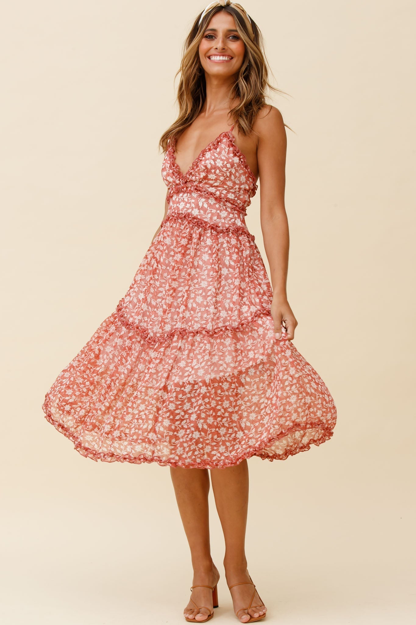 Laney Low Back Cami Strap Midi Dress Floral Print Rose