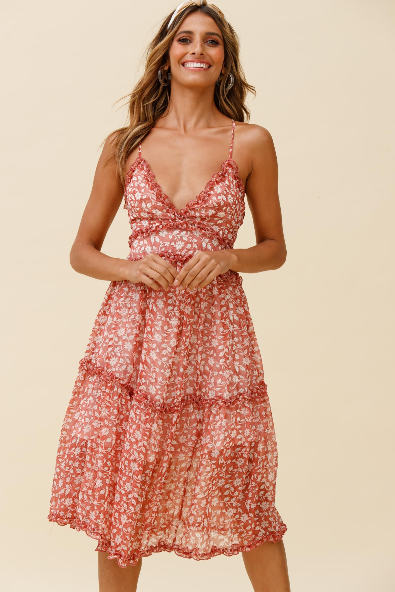 Laney Low Back Cami Strap Midi Dress Floral Print Rose