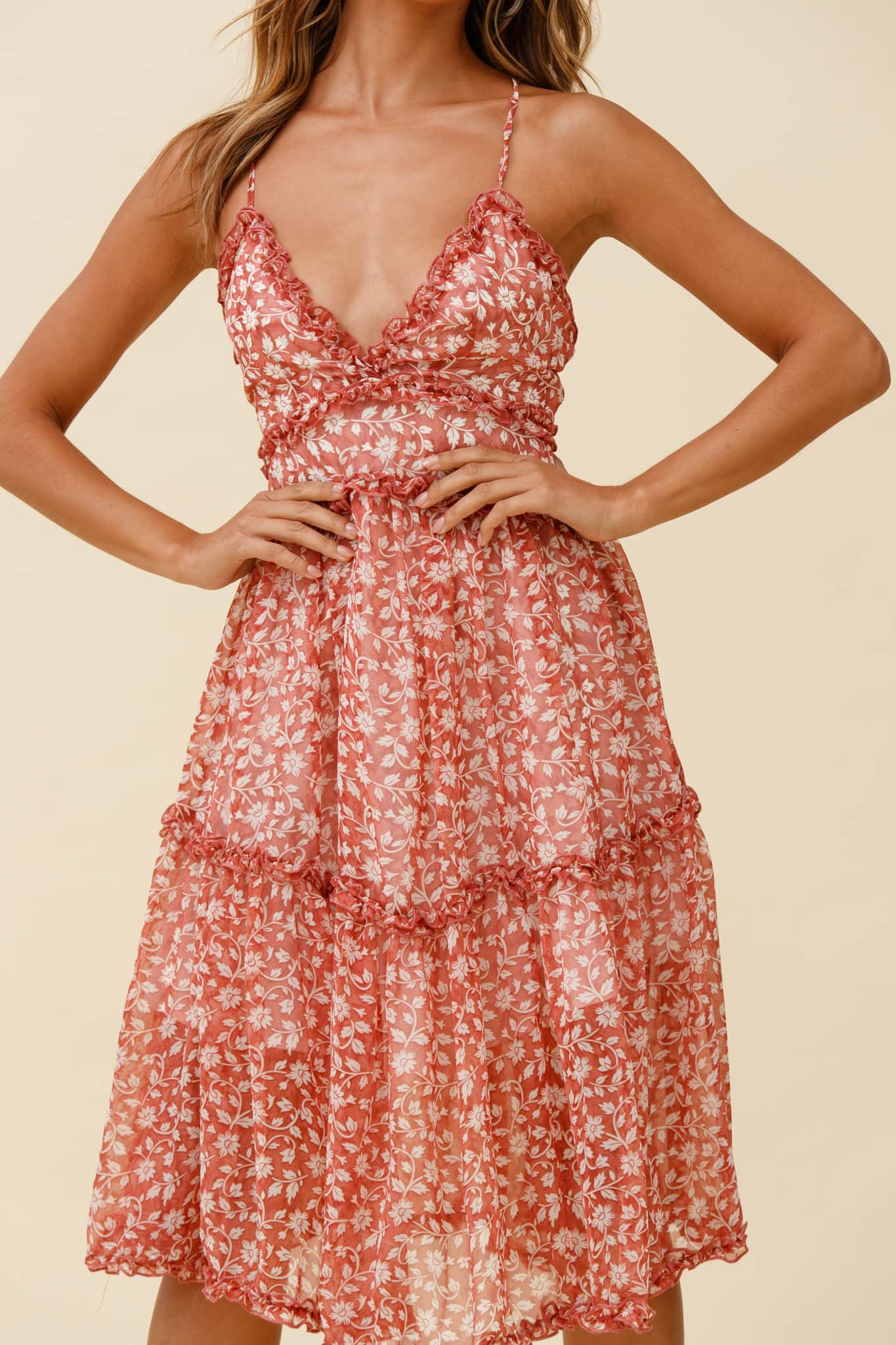 Laney Low Back Cami Strap Midi Dress Floral Print Rose