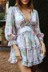 Laney Cutout Back Ruffle Trim Dress Watercolor Floral Print Pink