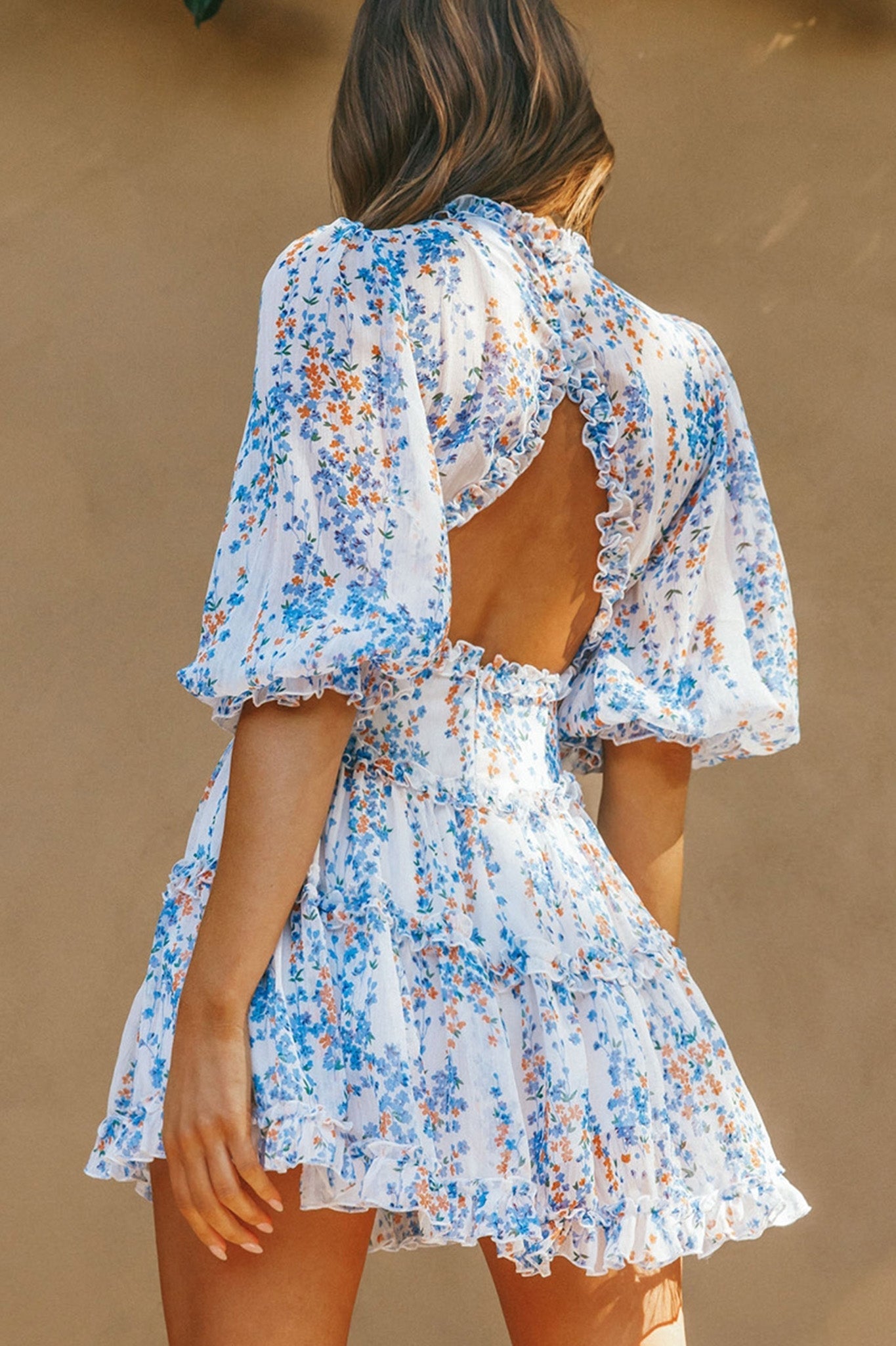 Laney Cutout Back Ruffle Detail Floral Dress White