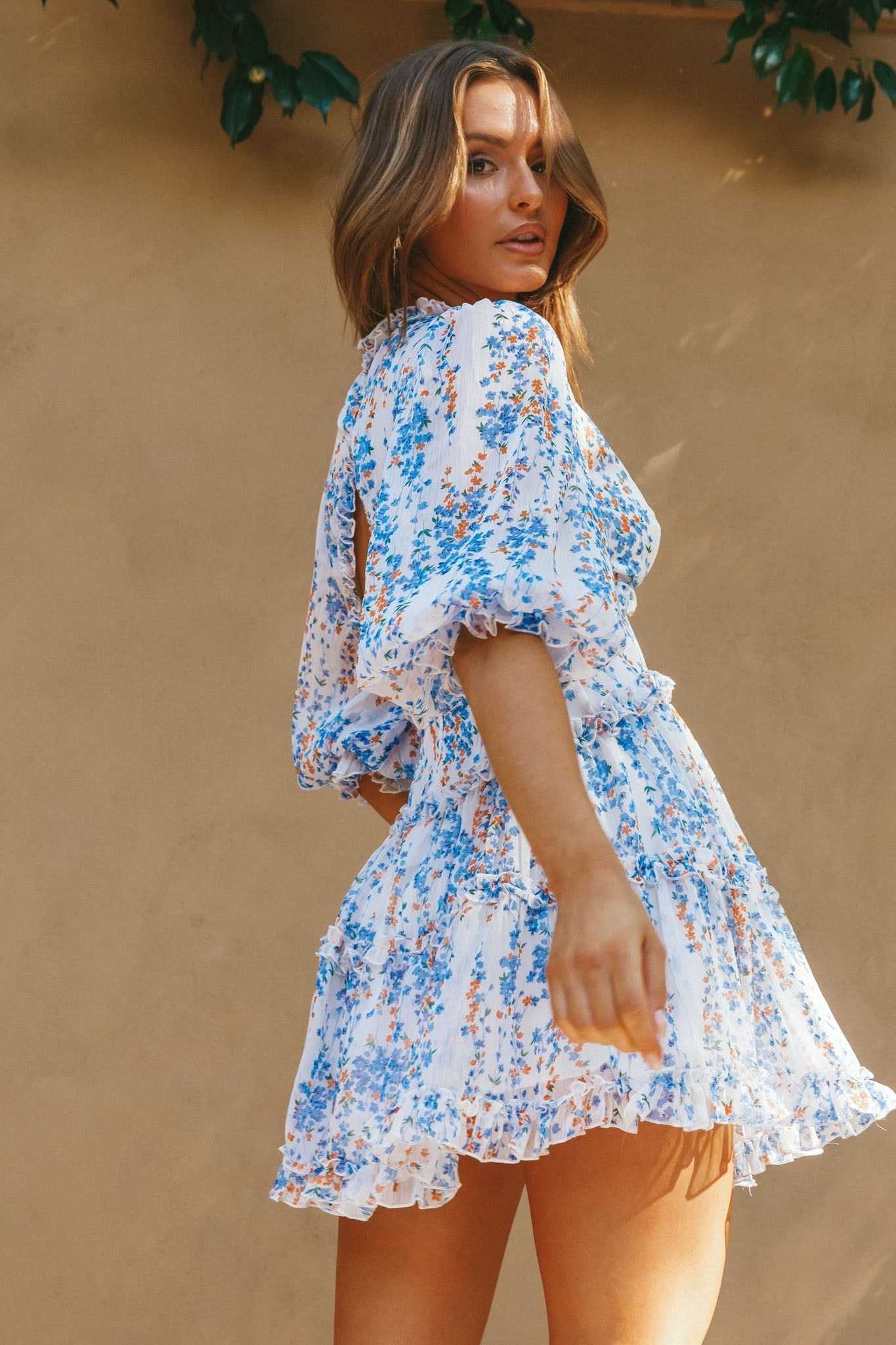 Laney Cutout Back Ruffle Detail Floral Dress White