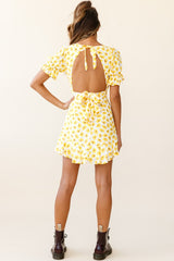 Linka Puff Sleeve Open Back Dress Floral Print Yellow
