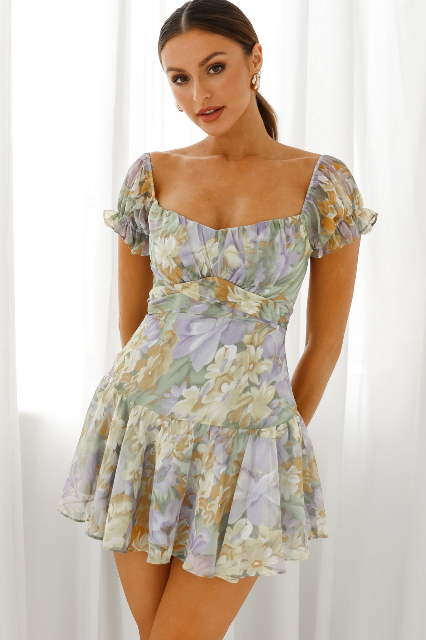 Linka Off-Shoulder Tie Back Fluted Hem Dress Floral Print Yellow