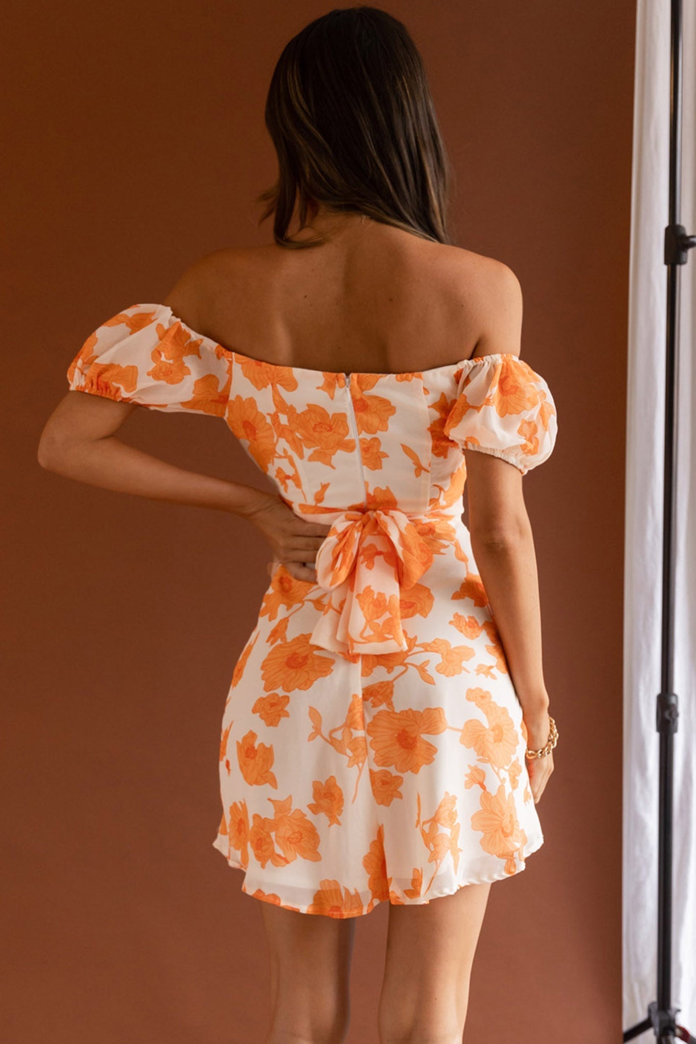 Linka Puff Sleeve Waist Tie Dress Floral Orange