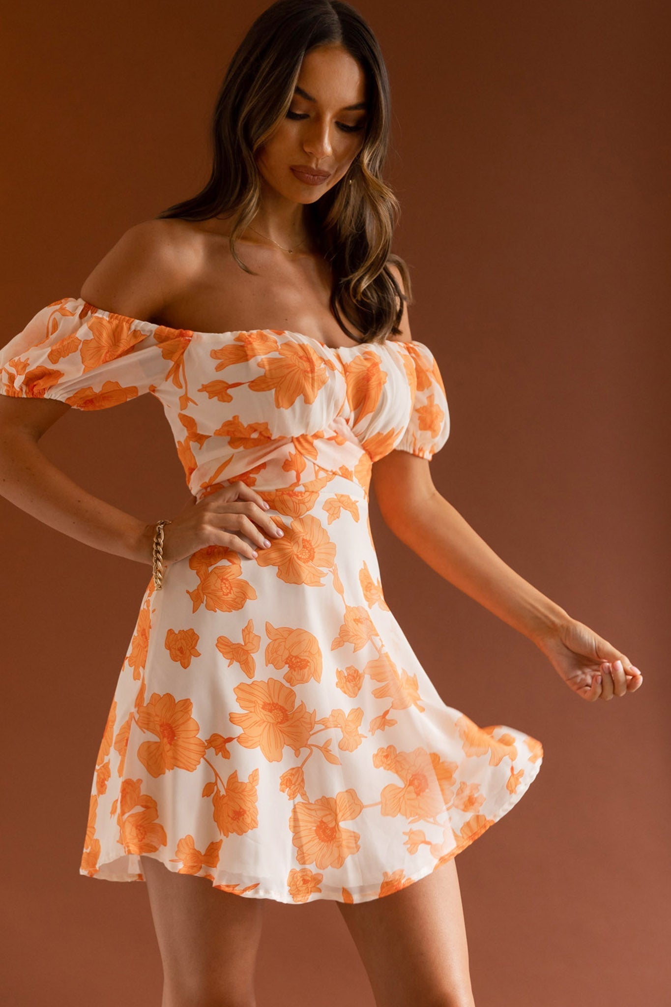 Linka Puff Sleeve Waist Tie Dress Floral Orange