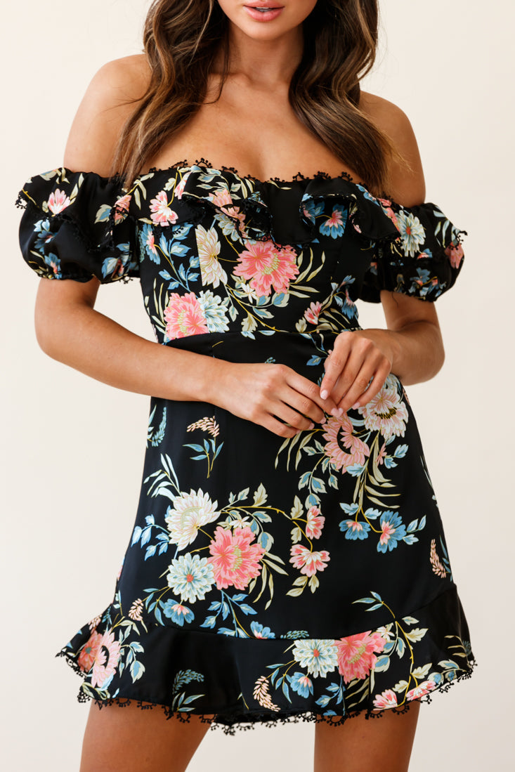 Bobby Bardot Neckline Puff Sleeve Dress Black