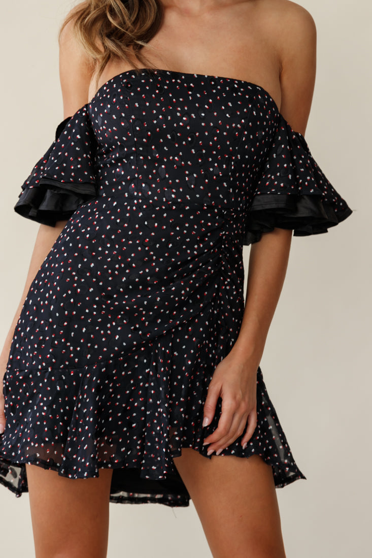 Lure Off-Shoulder Ruched Dress Speckle Print Black