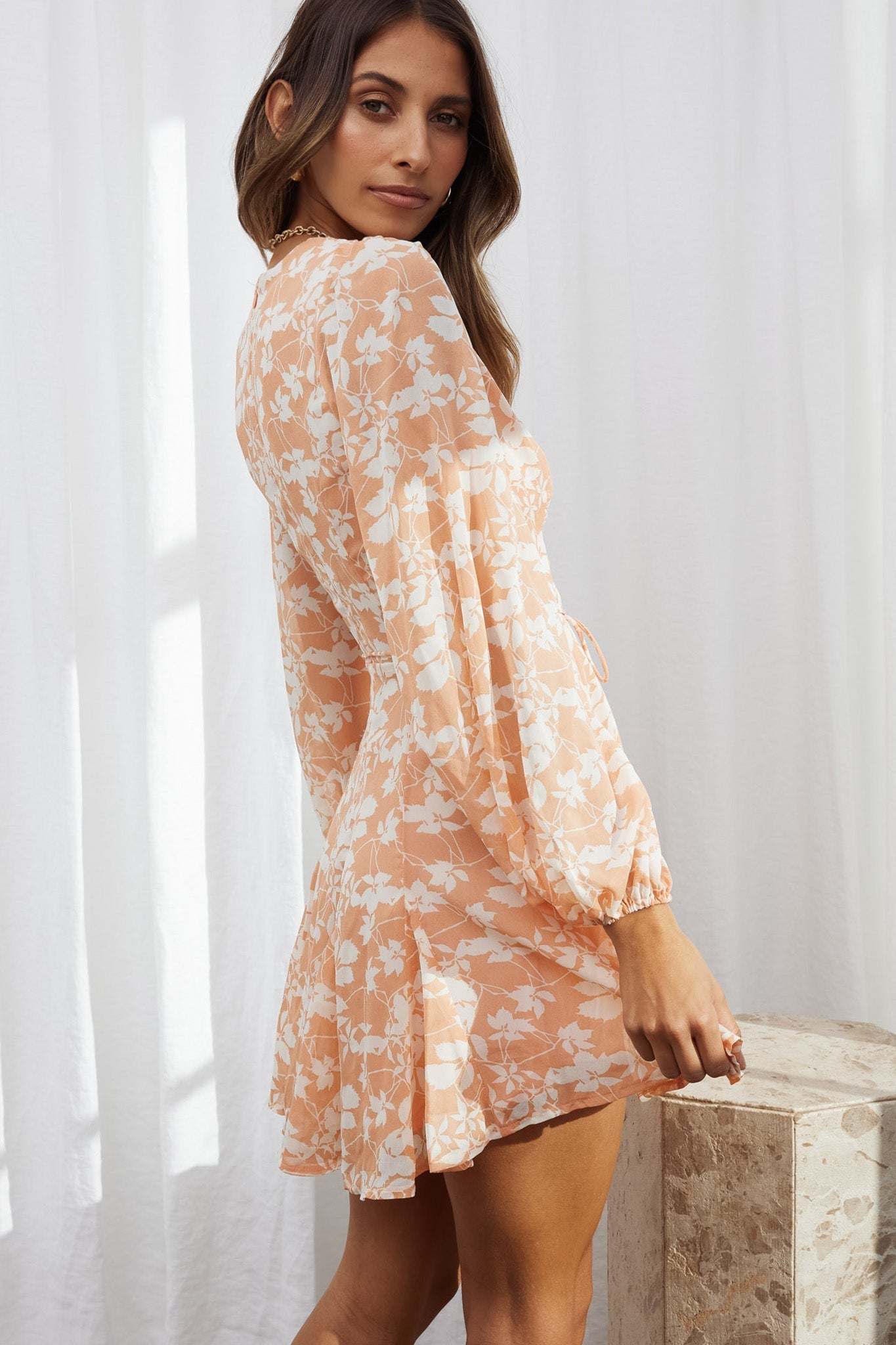 Estelle Long Sleeve V-Neckline Dress Leaf Print Rose