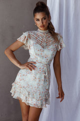 Lark High Neck Ruffle Sleeve Dress Flower Print Aqua