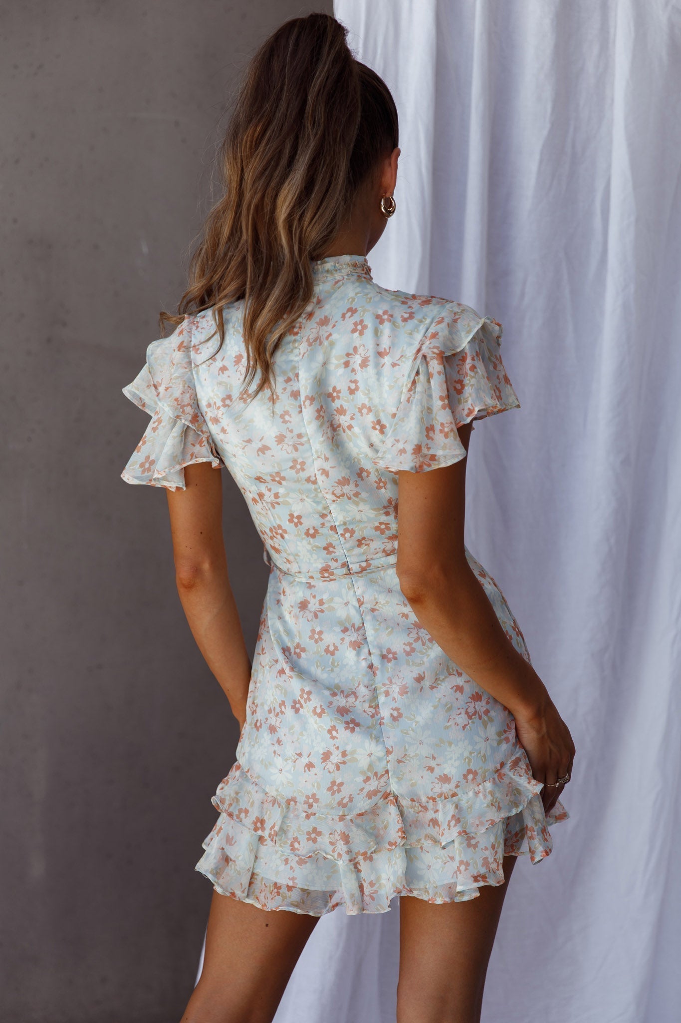 Lark High Neck Ruffle Sleeve Dress Flower Print Aqua