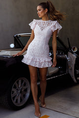 Lark Crew Neck Ruffle Sleeve Dress Lace Overlay Pink