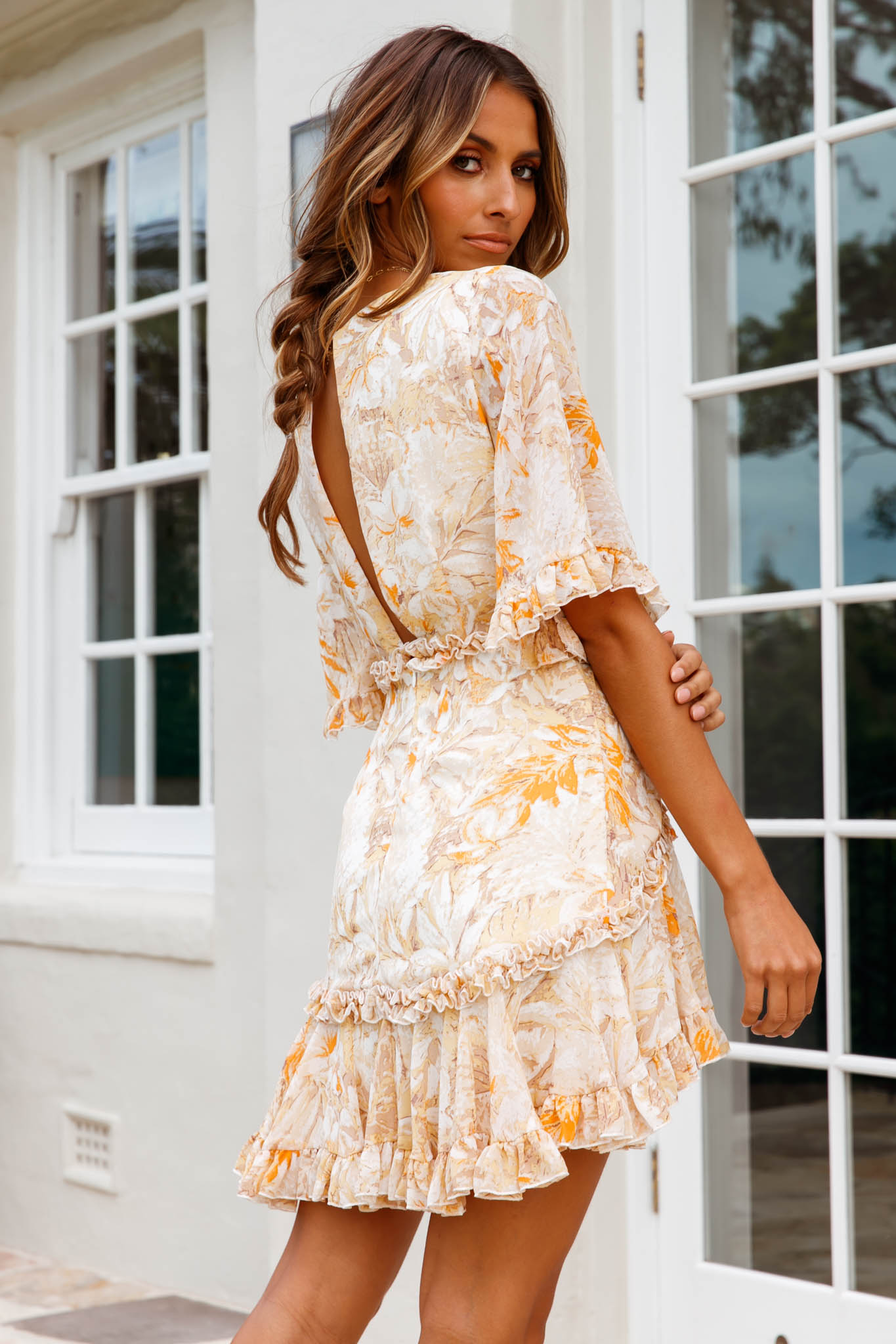 Leona Half Sleeve Frill Trim Dress Leaf Print Yellow Multi