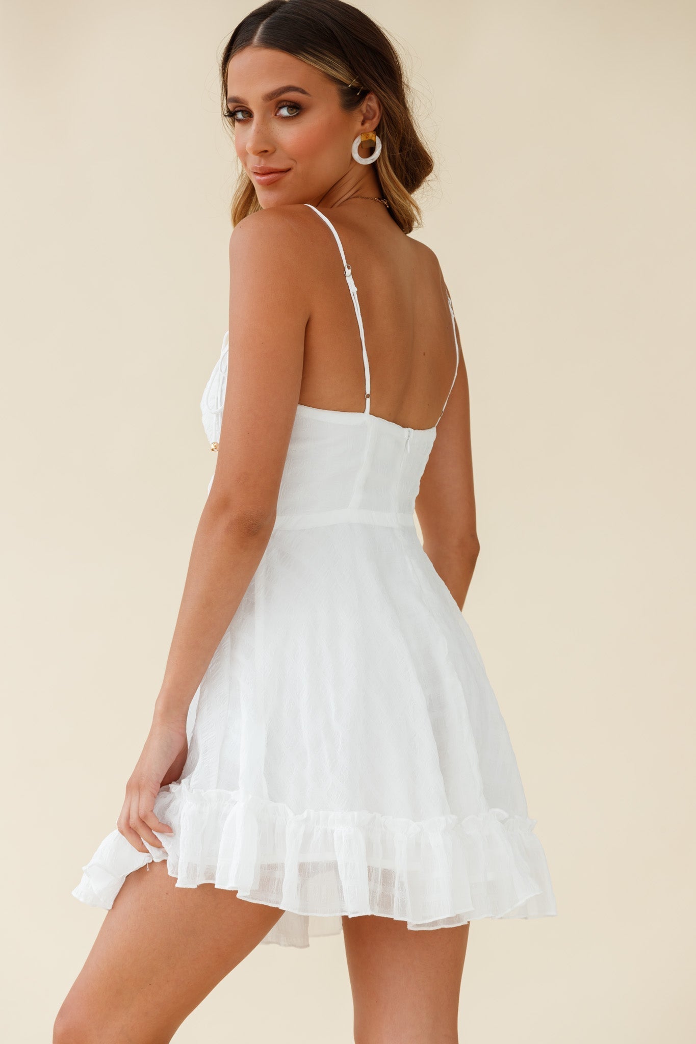 Janie String Tie Detail Ruffle Hem Babydoll Dress White