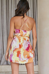 Medellin Gathered Detail Side-Tie Wrap Dress Abstract Print Orange