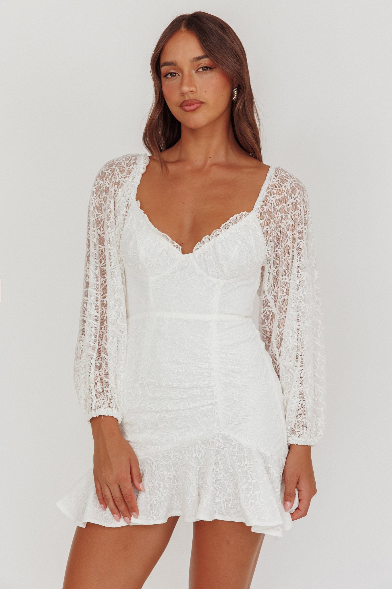Halley Balloon Sleeve Frill Bust Flounce Hem Lace Dress White