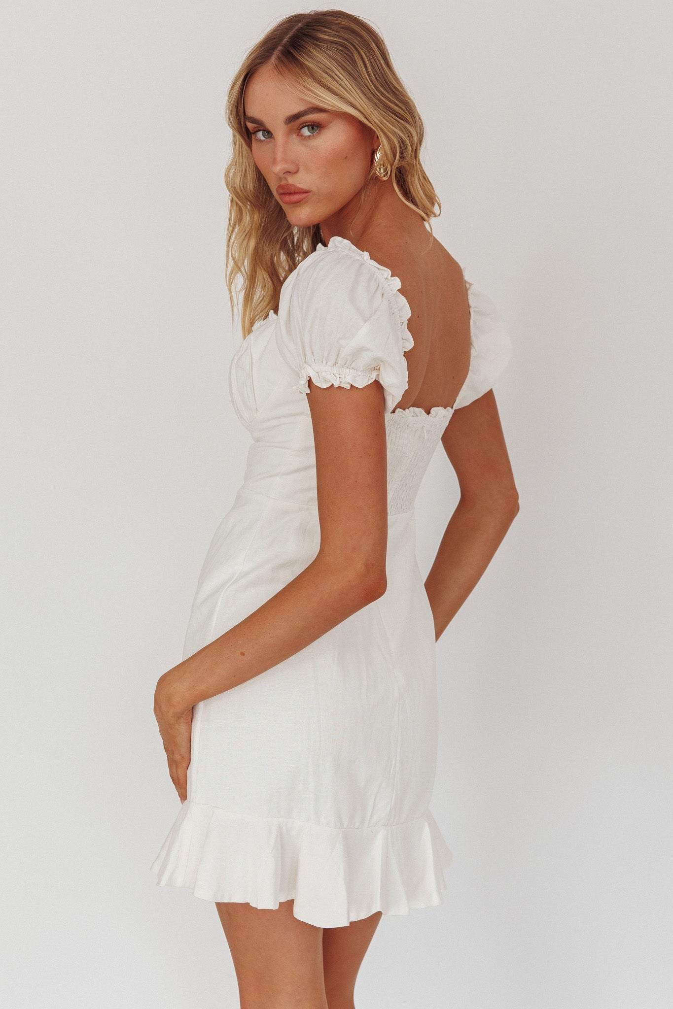 Heaven Sent Ruched Bust Puff Sleeve Dress White