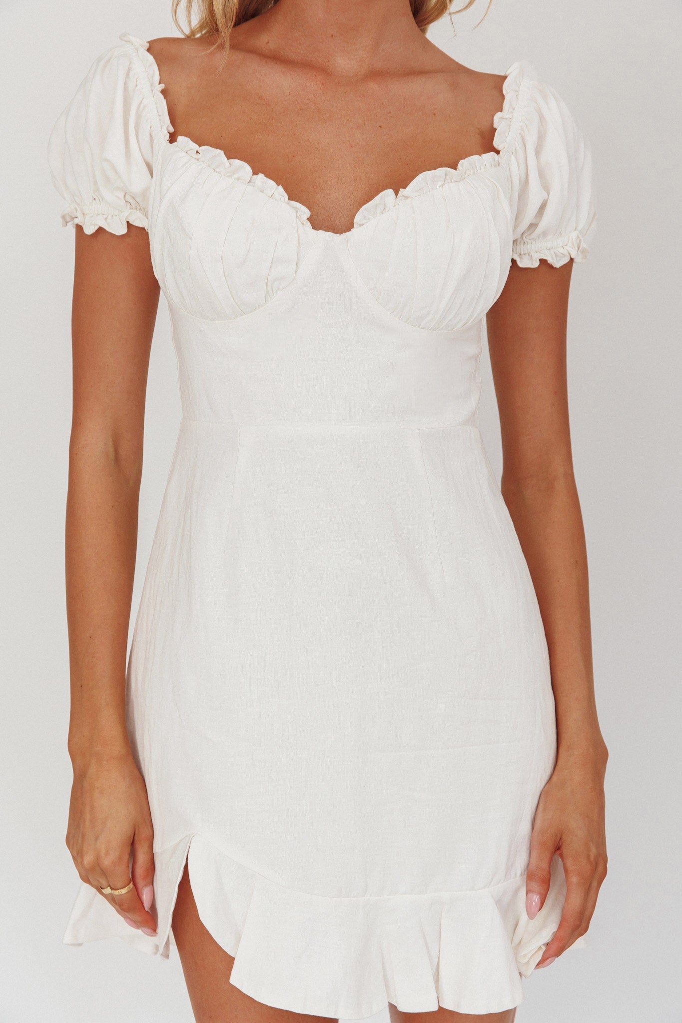 Heaven Sent Ruched Bust Puff Sleeve Dress White