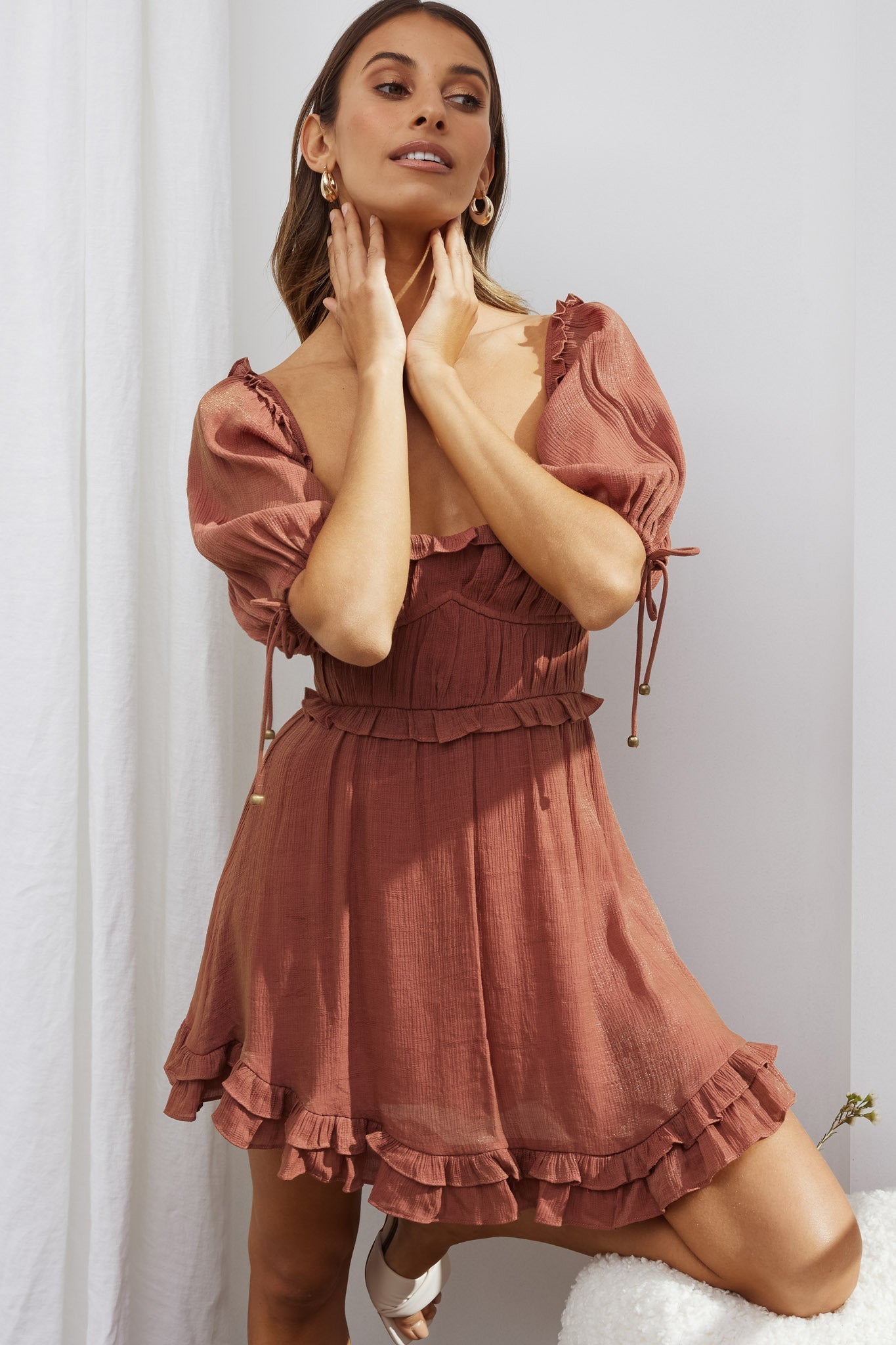 Kirra Puff Sleeve Ruched Bodice Dress Antique Rose