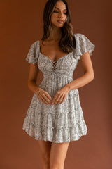 Josephina Lace-Up Front Flutter Sleeve Dress Floral Print Sage