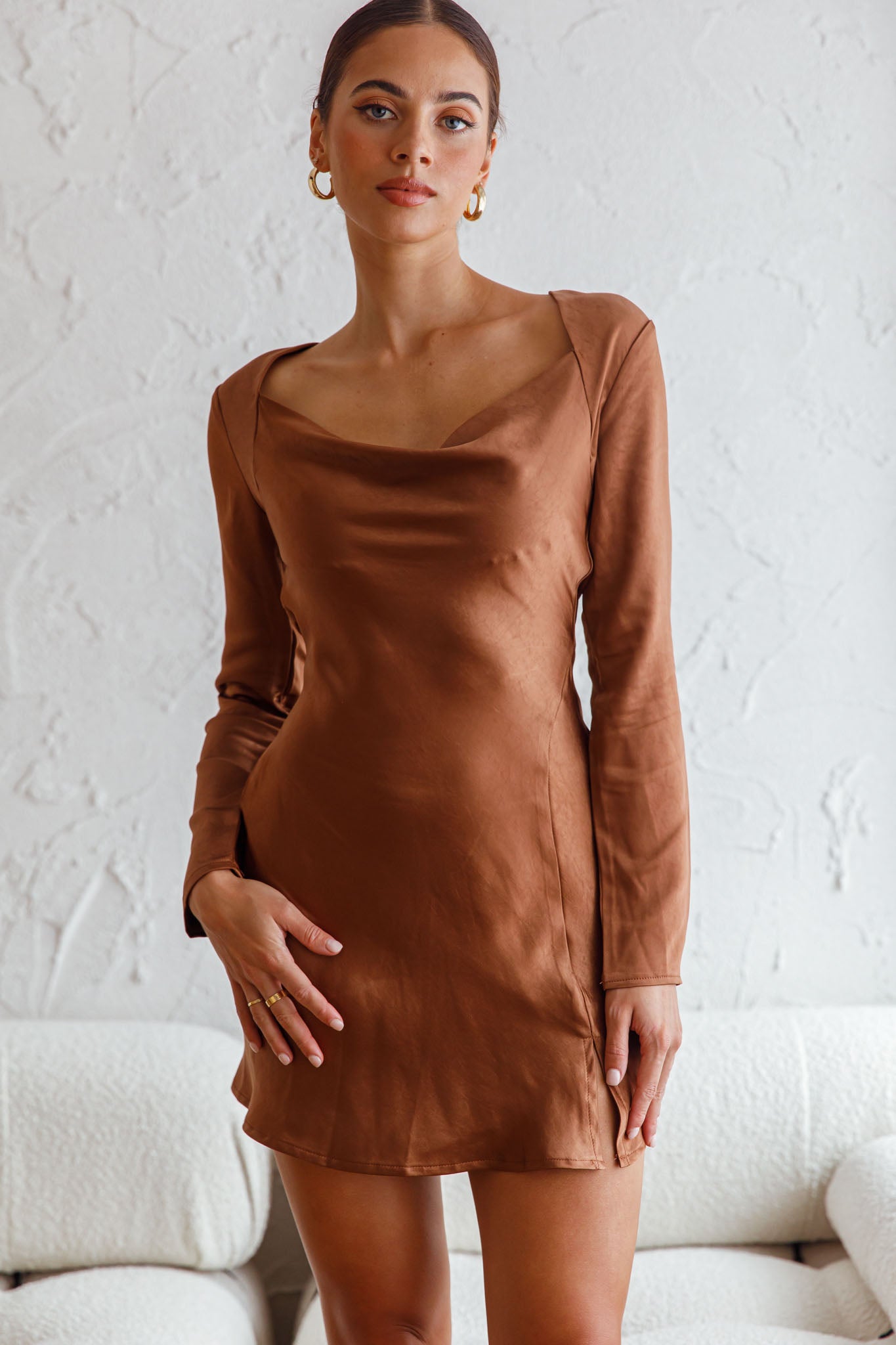 Champs Elysees Long Sleeve Open Back Mini Dress Chocolate