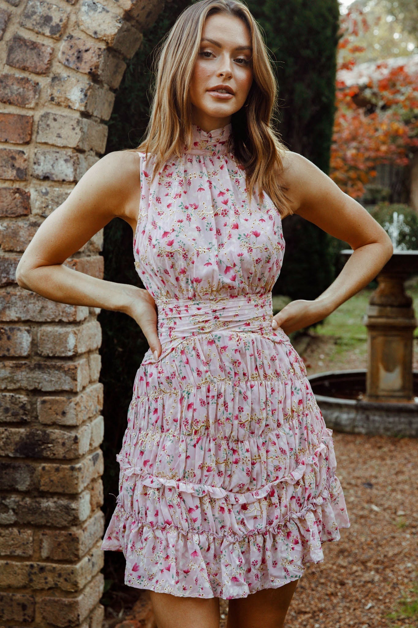 Mandalay High Neck Sleeveless Waistband Dress Floral Print Pink