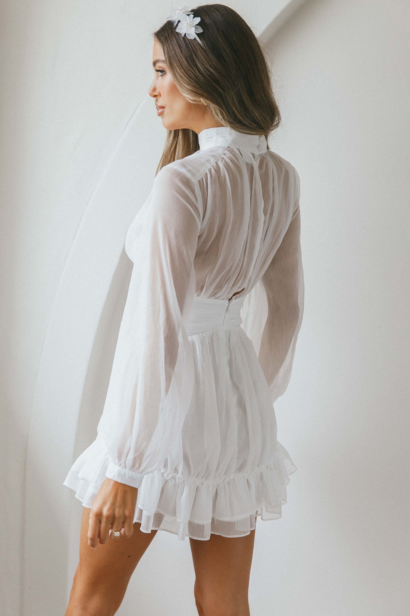 Mandalay High Neck Long Sleeve Waistband Dress White