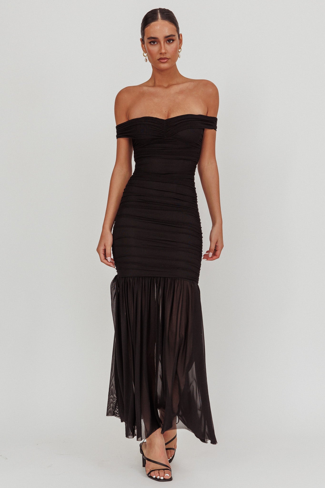 La Salle Off Shoulder Mesh Maxi Dress Black