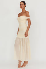 La Salle Off Shoulder Mesh Maxi Dress Ivory
