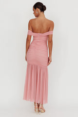La Salle Off Shoulder Mesh Maxi Dress Pink