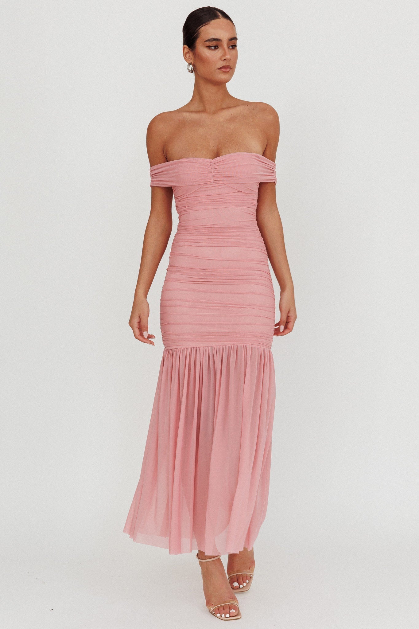 La Salle Off Shoulder Mesh Maxi Dress Pink