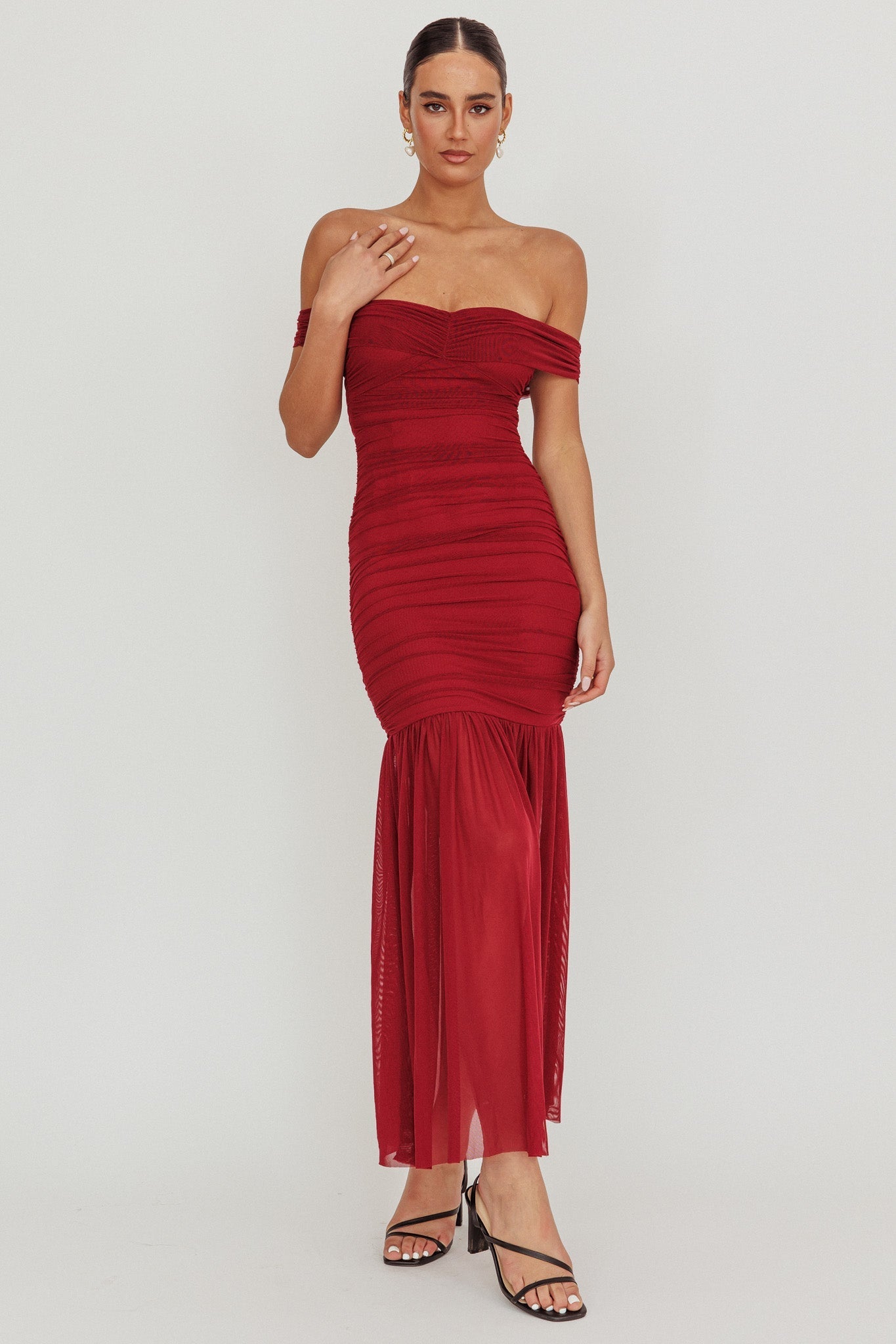 La Salle Off Shoulder Mesh Maxi Dress Wine