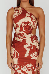 Charisma One-Shoulder Cut-Out Midi Dress Floral Coffee