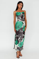 Highland Pleated Bust Midi Dress Floral Green