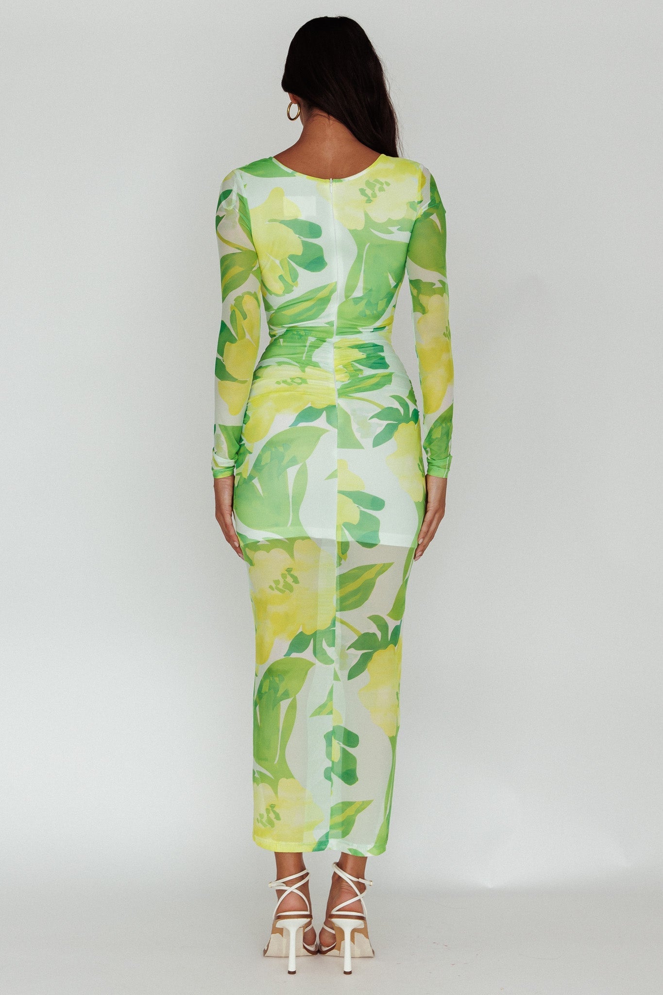 Chardae Long Sleeve Mesh Midi Dress Floral Green