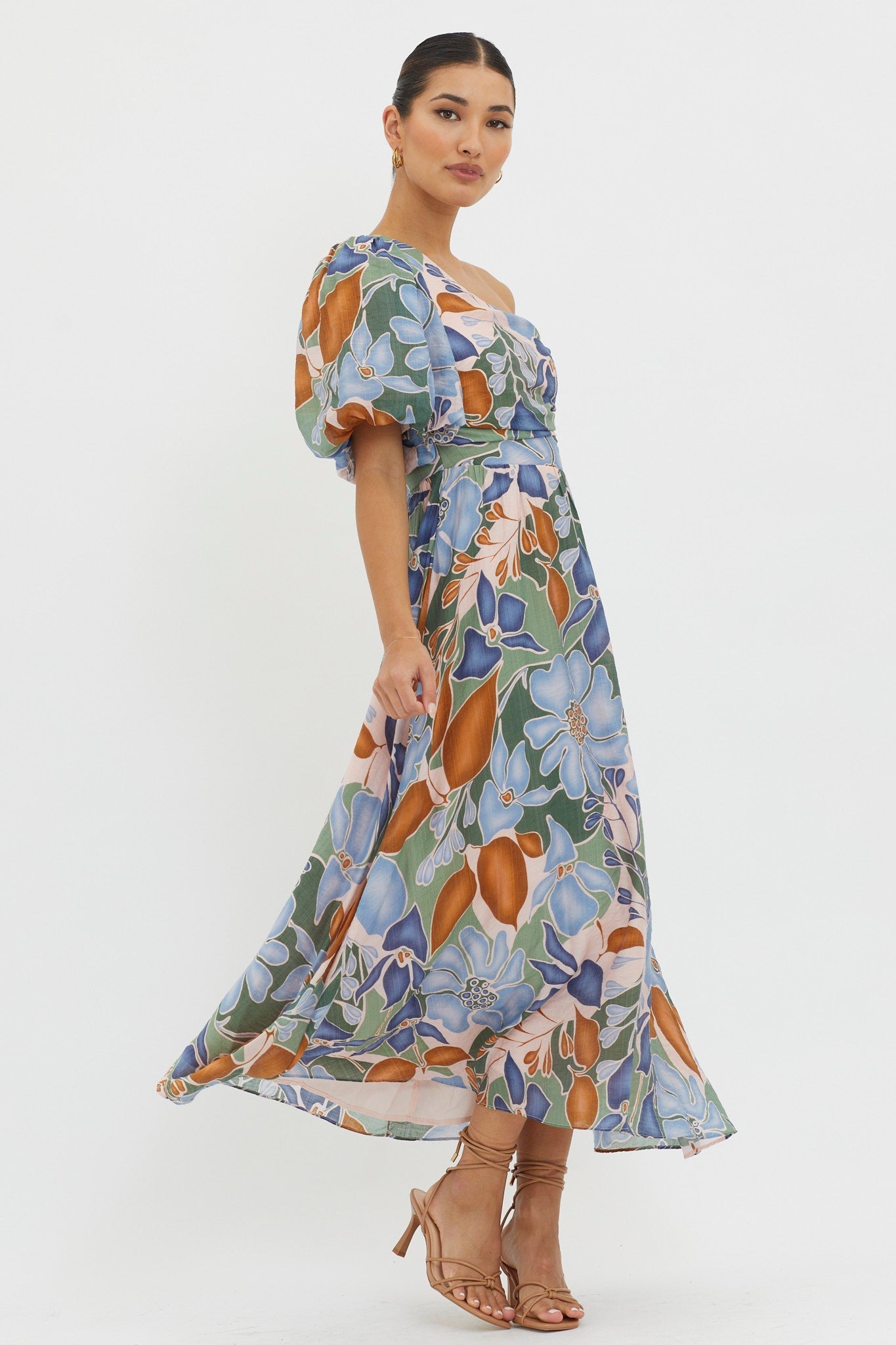 Jayni Puffed One Shoulder Midi Dress Blue