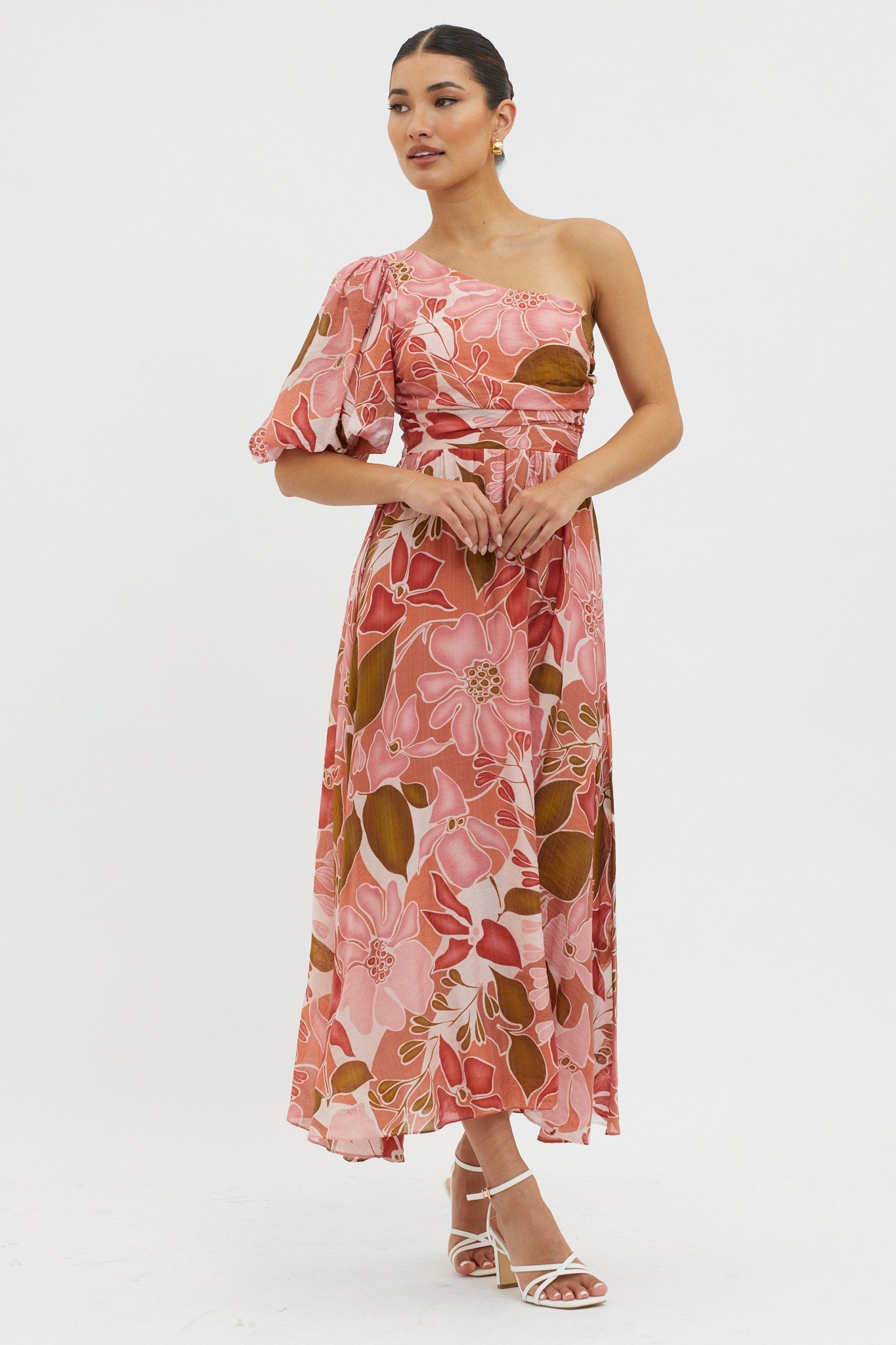 Jayni Puffed One Shoulder Midi Dress Red