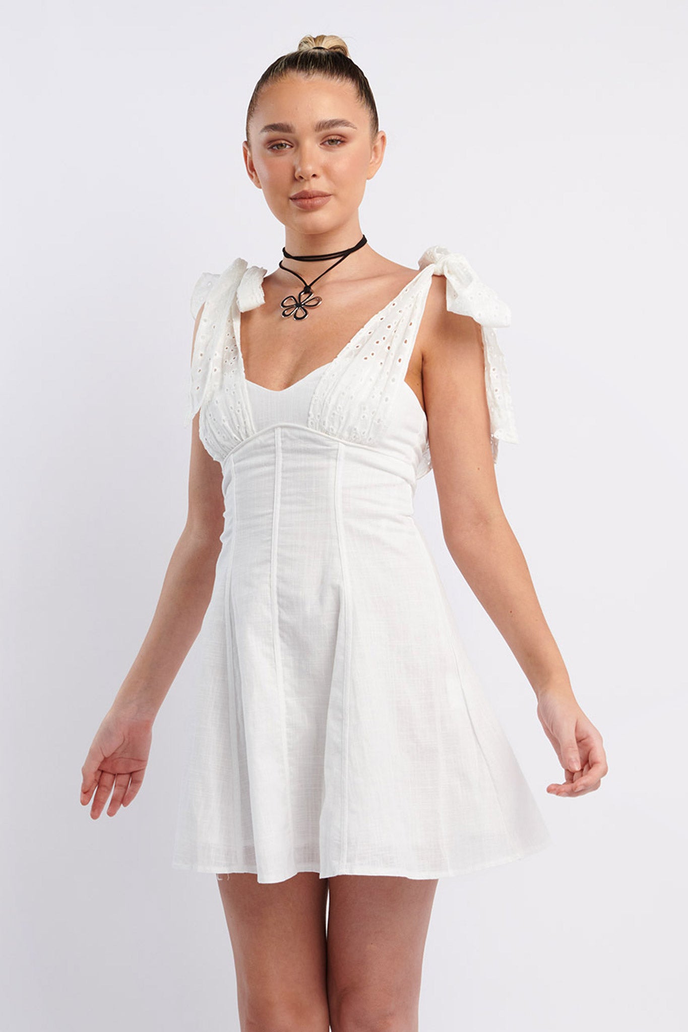 Kellie Bow Shoulder Mini Dress White