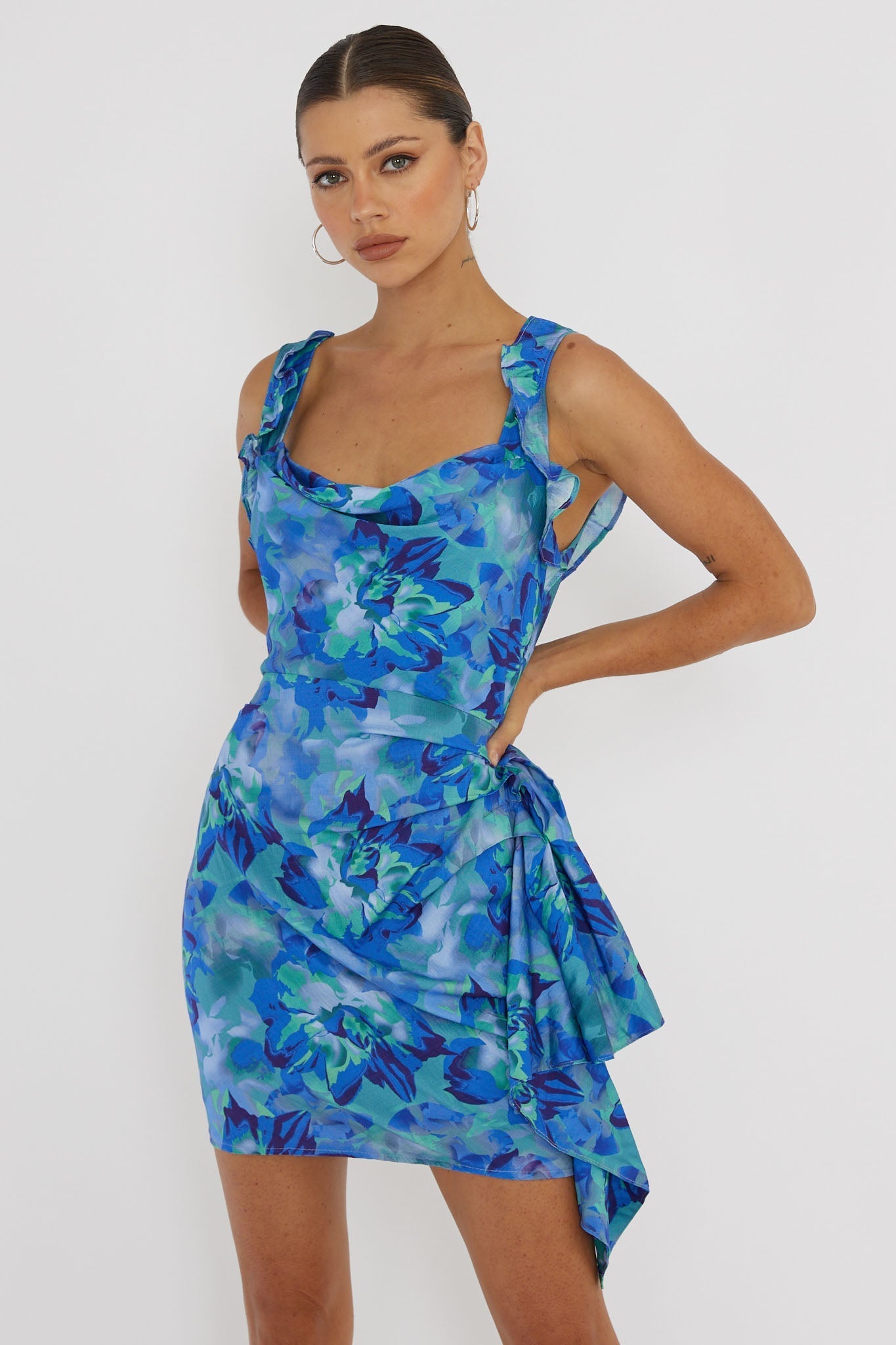 Heart Beat Ruffle Trim Mini Dress Blue