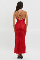 Glitter Nights Plunging Neckline Sequin Dress Red