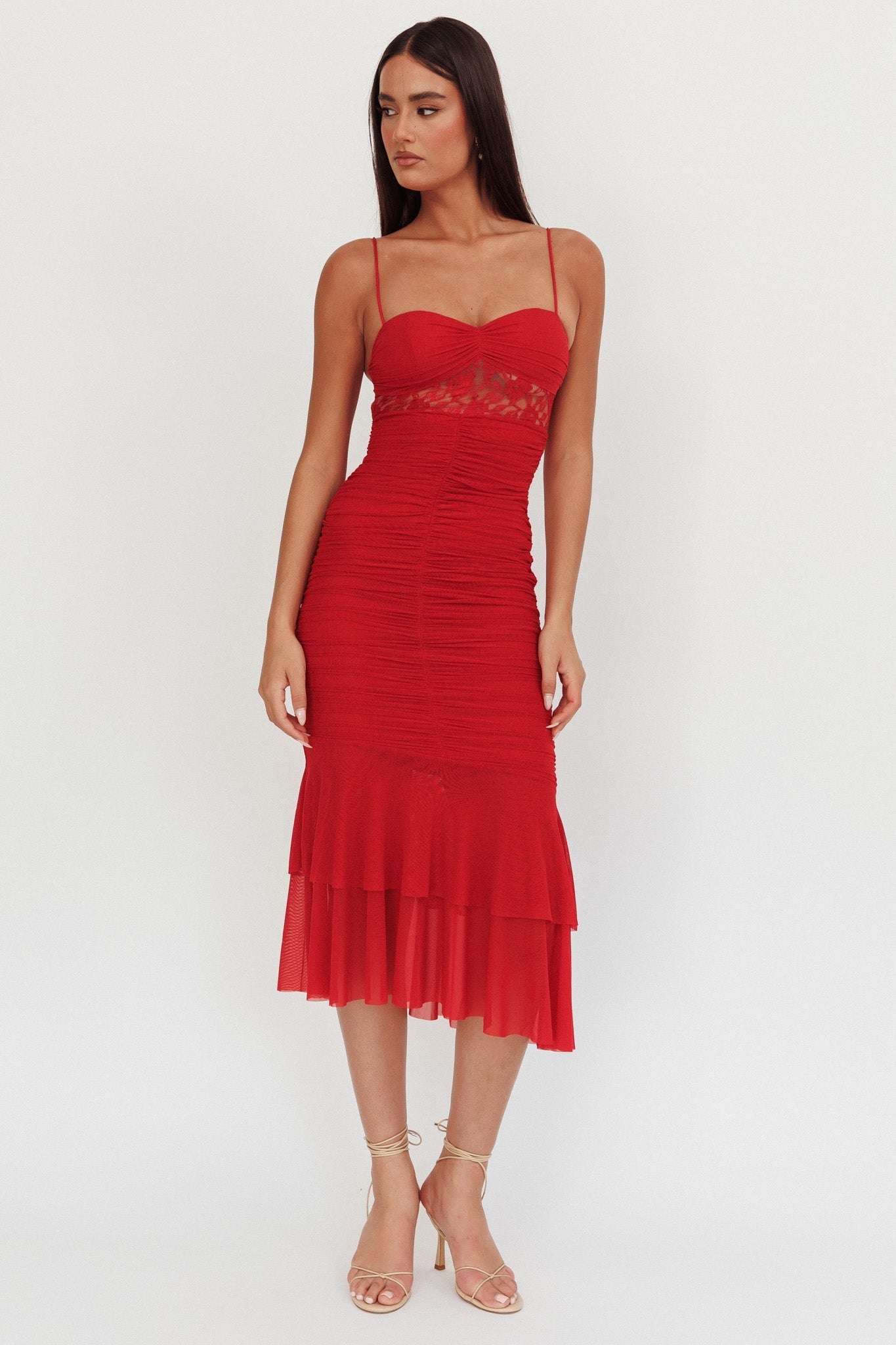 Cherubim Lace Insert Ruched Midi Dress Red